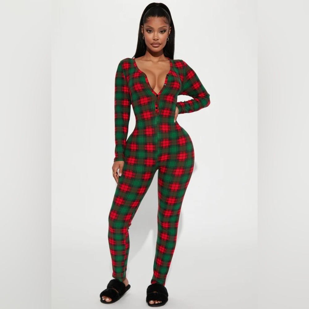 Fashion Nova Fa La La PJ Jumpsuit Onesie - Red/combo